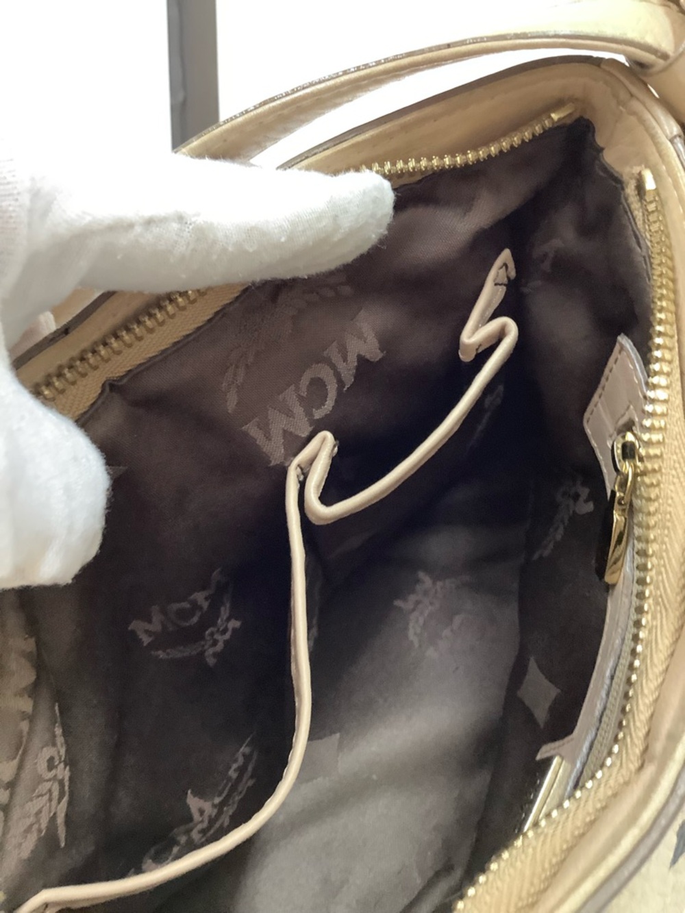 MCM Beige Monogram Signature Coated Canvas Shoulder Bag with Gold Plaque - Picture 7 of 9